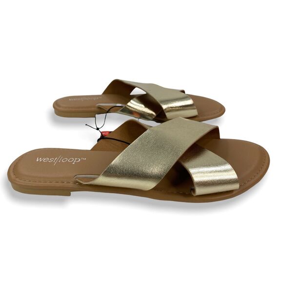 WOMEN'S SMALL (5/6) Metallic Gold Casual Flat Crossover Slide Sandals Cushioned - Picture 5 of 14